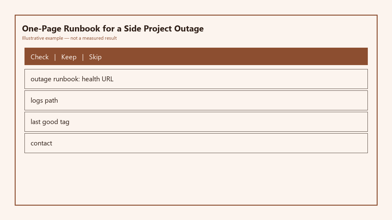 Illustrative card for One-Page Runbook for a Side Project Outage
